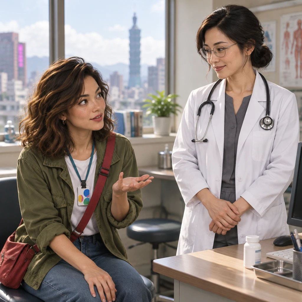 Maya asks Dr. Chen how many times a day to take the medicine while Dr. Chen listens.