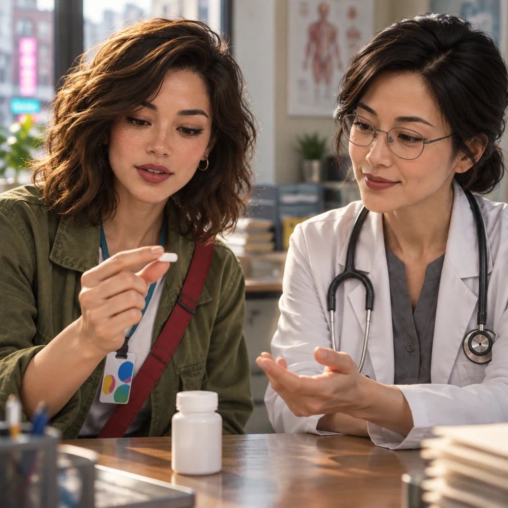 Maya holds one pill between her fingers while asking Dr. Chen how many pills to take each time.
