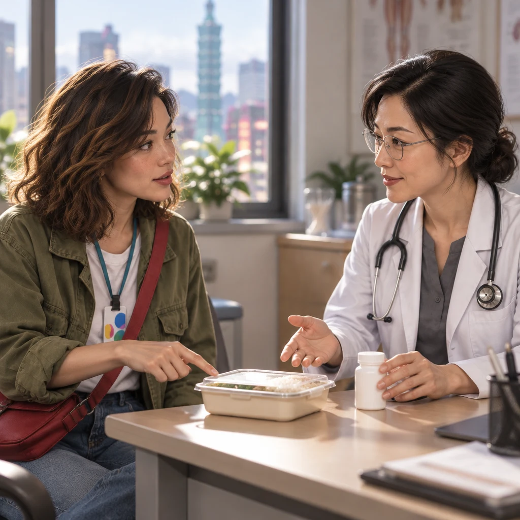 Maya asks Dr. Chen whether to take the medicine after meals, gesturing toward a closed meal container.