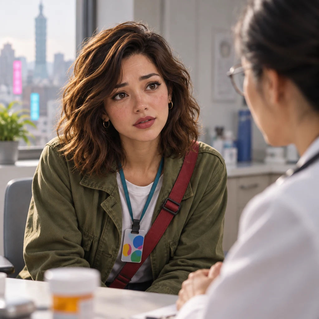 Maya looks worried as she asks Dr. Chen what to do after missing a dose.