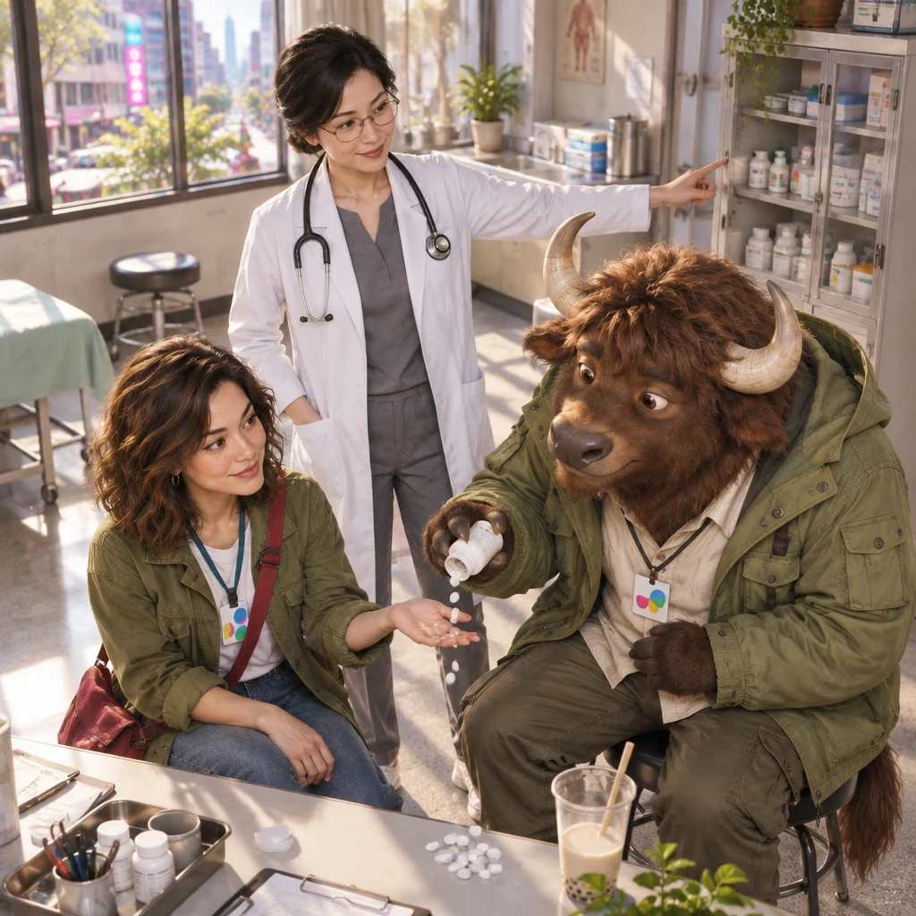 Maya asks how to store the medicine while Dr. Chen points to a shaded cabinet and A-Li looks at her palm and gets it wrong.