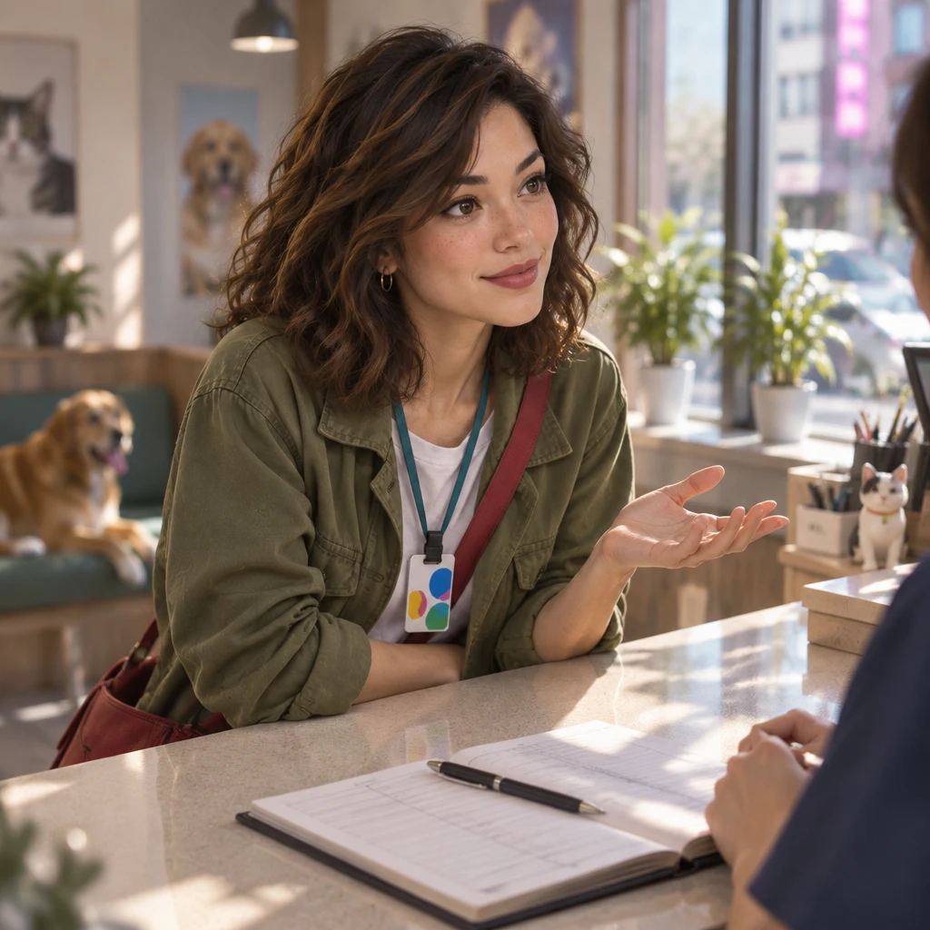 Maya asks at the reception desk to make an appointment.