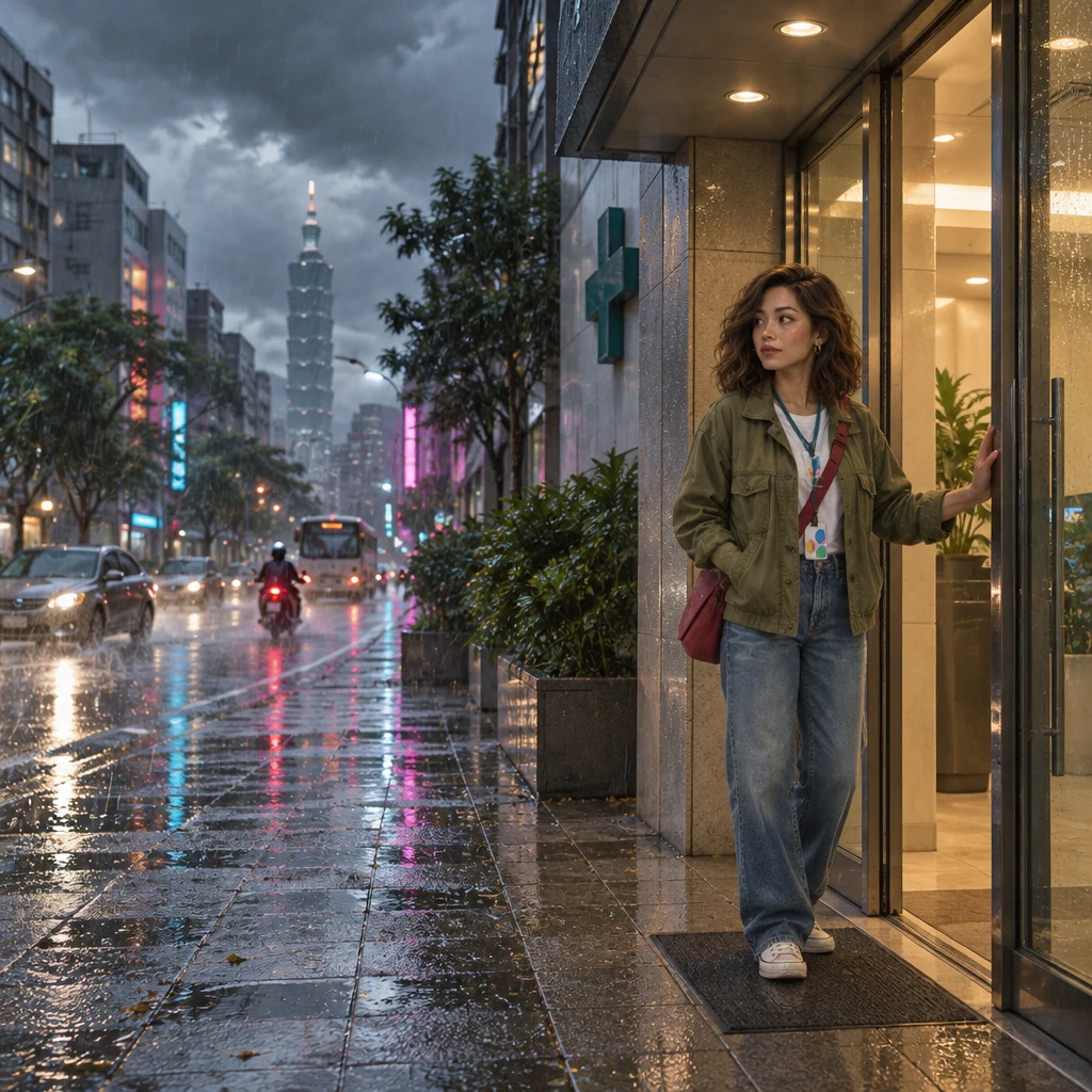 Maya pauses small at the clinic entrance in heavy rain, reconsidering her appointment as thunderclouds gather.