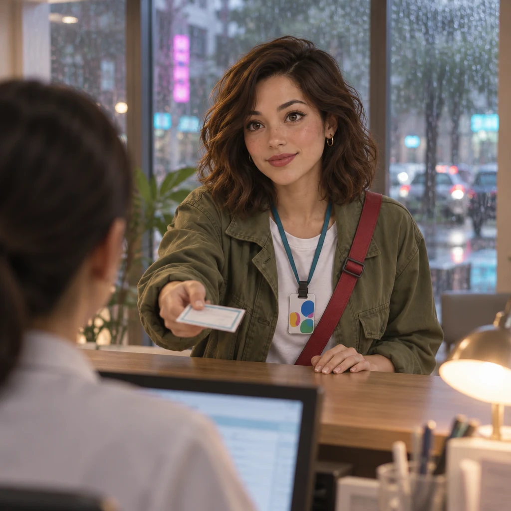 Maya leans over the reception desk and holds out her appointment card to ask to change her appointment.