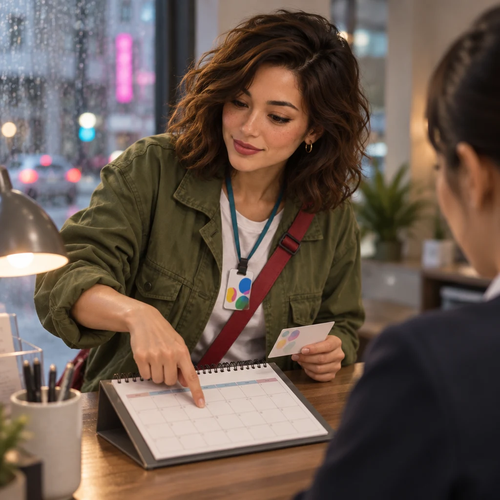 Maya points to a later day on the desk calendar as she asks whether she can change to Friday.
