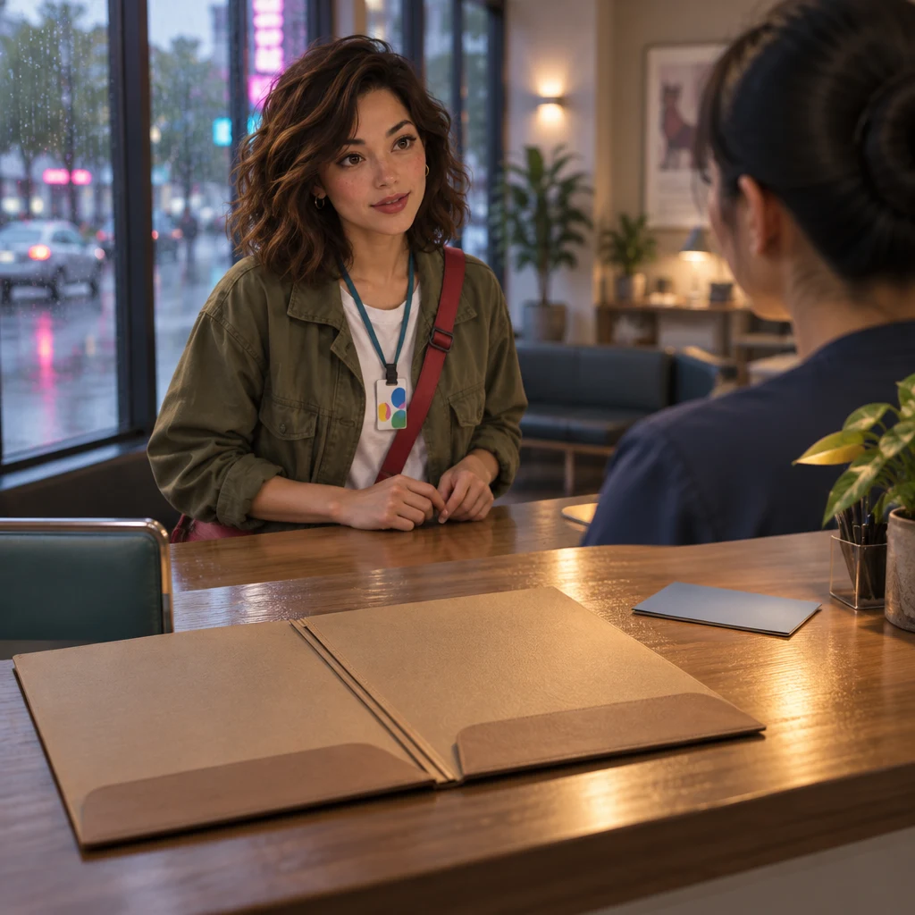 An empty document folder lies open on the counter while Maya asks what she needs to bring.