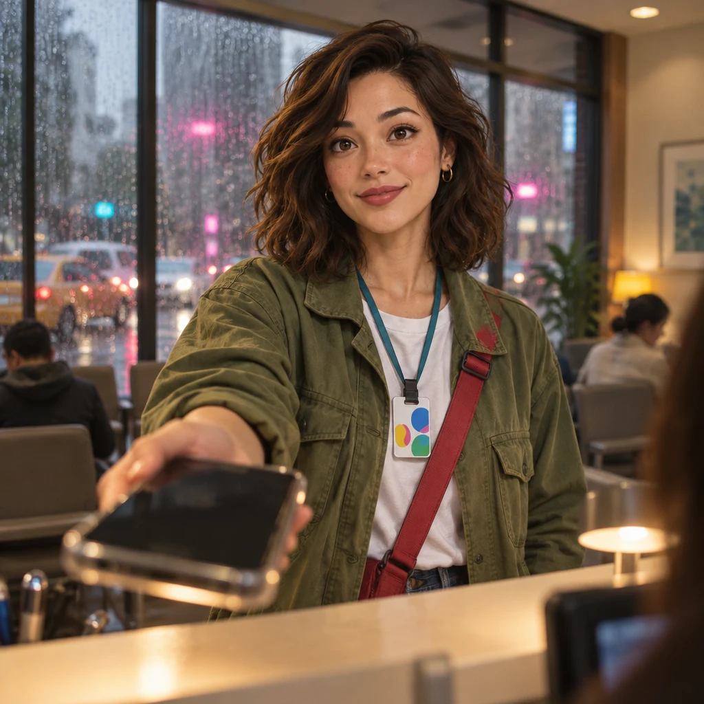 Maya holds her phone out over the reception desk and asks for a reminder.
