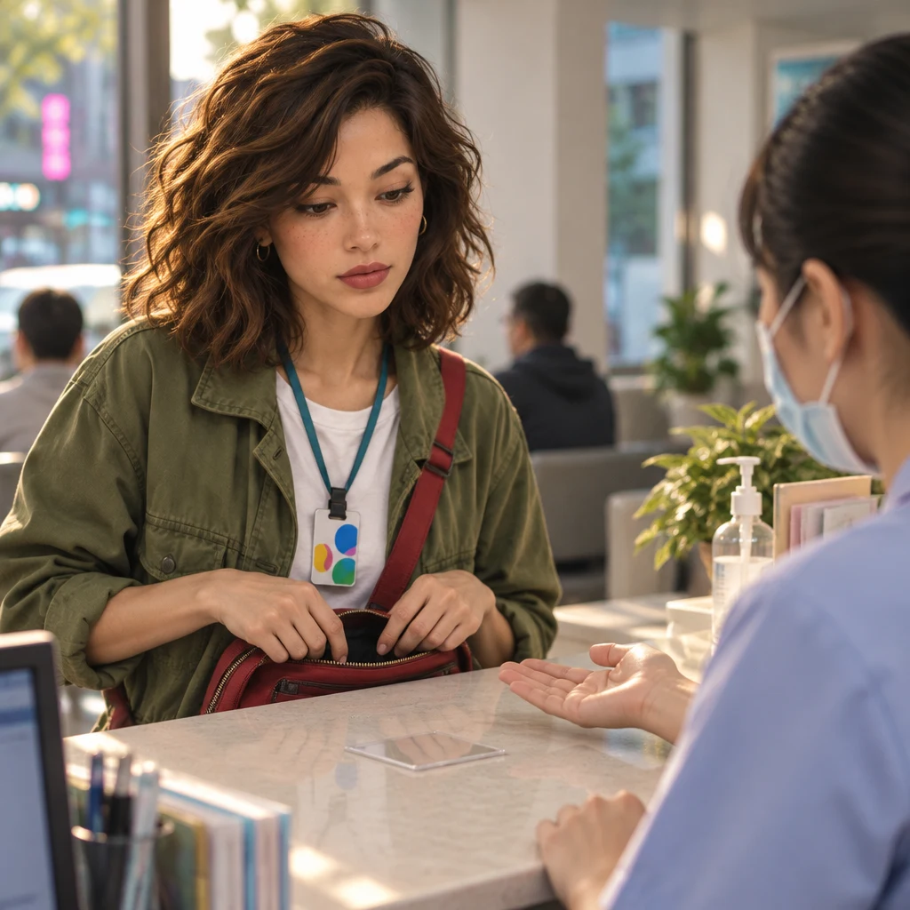 The nurse asks Maya whether she has her health card.