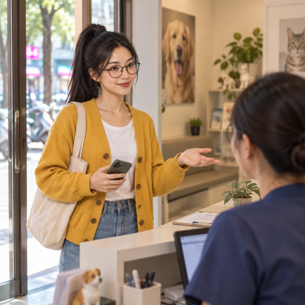 Yijun asks the nurse where to register, gesturing toward the front desk.