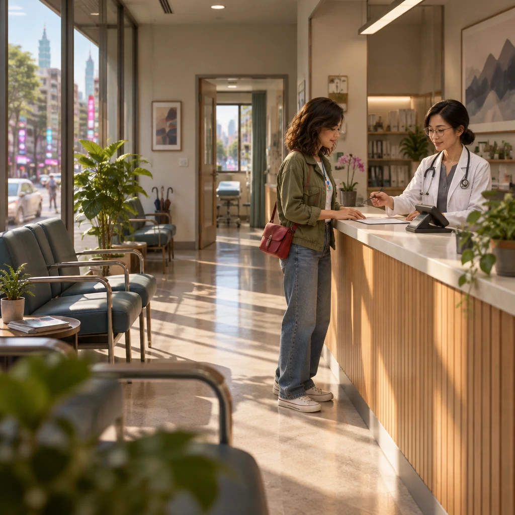 Maya checks in at the neighborhood clinic counter as Dr. Chen offers a pen beside a blank form and a desk scanner.