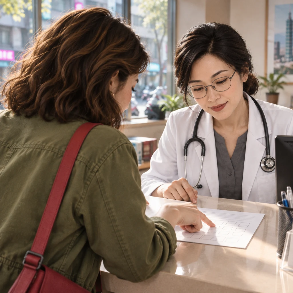 Maya points to an empty square on the form while Dr. Chen looks at the same sheet from across the counter.