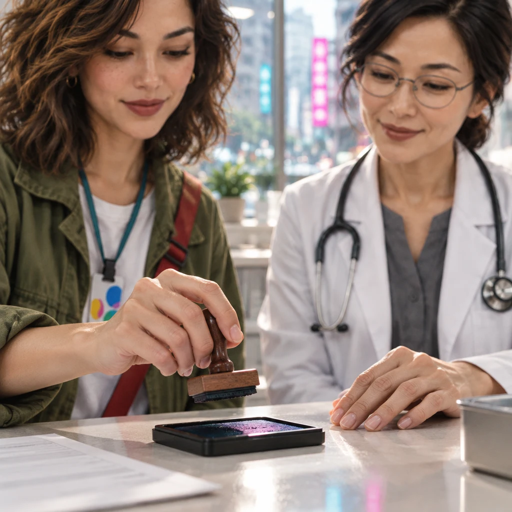 Maya holds a stamp above an ink pad at the clinic counter while Dr. Chen's hand rests nearby.