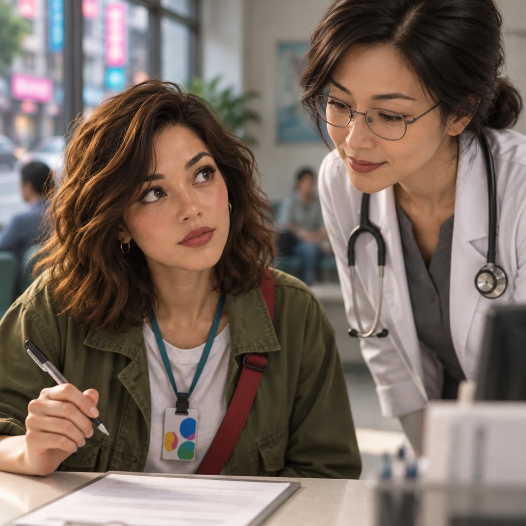 Maya looks uncertain over the form while Dr. Chen leans in to look at the sheet.