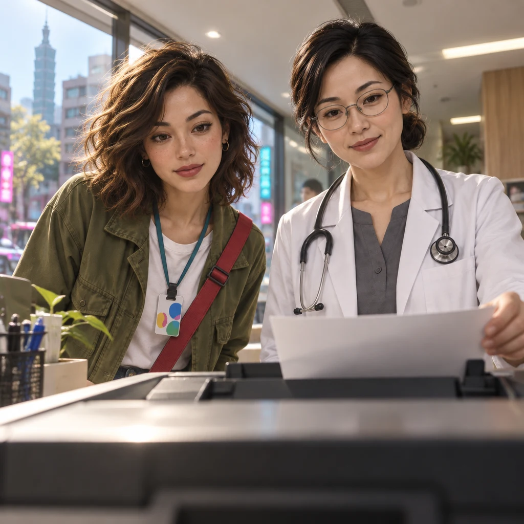 Dr. Chen tries the desk scanner while Maya watches the paper fail to go through.