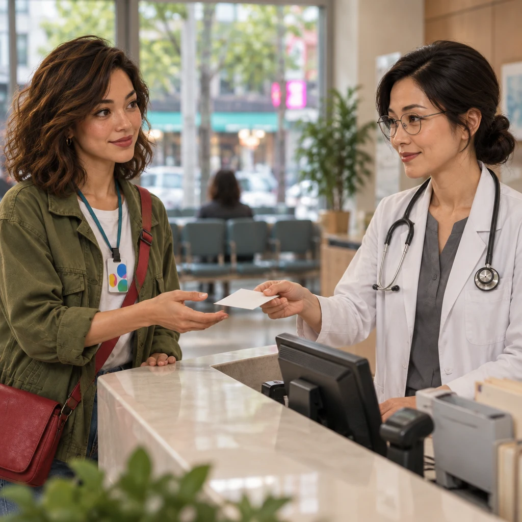 Maya asks for a receipt as Dr. Chen holds out an unmarked slip at the clinic counter.