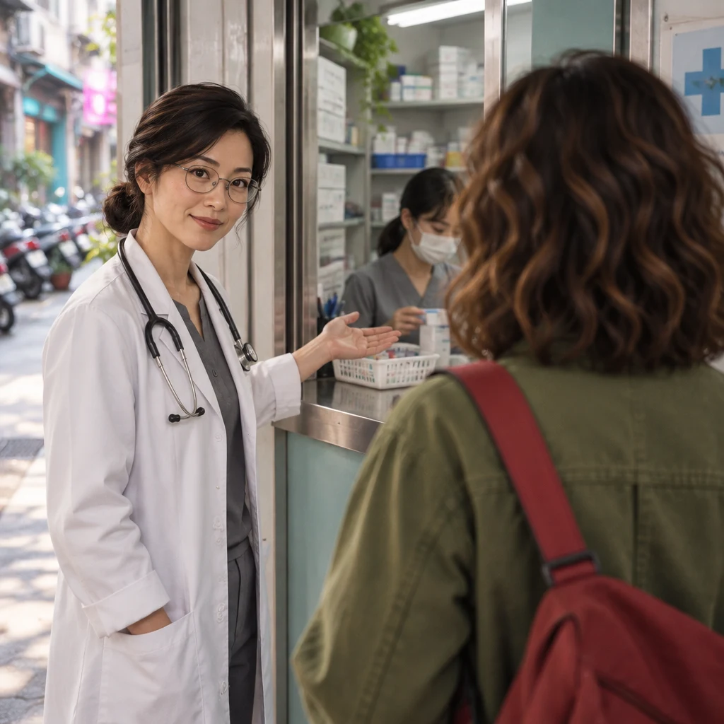 Dr. Chen stands with Maya at a clinic-side pharmacy hatch and indicates she should ask there first.