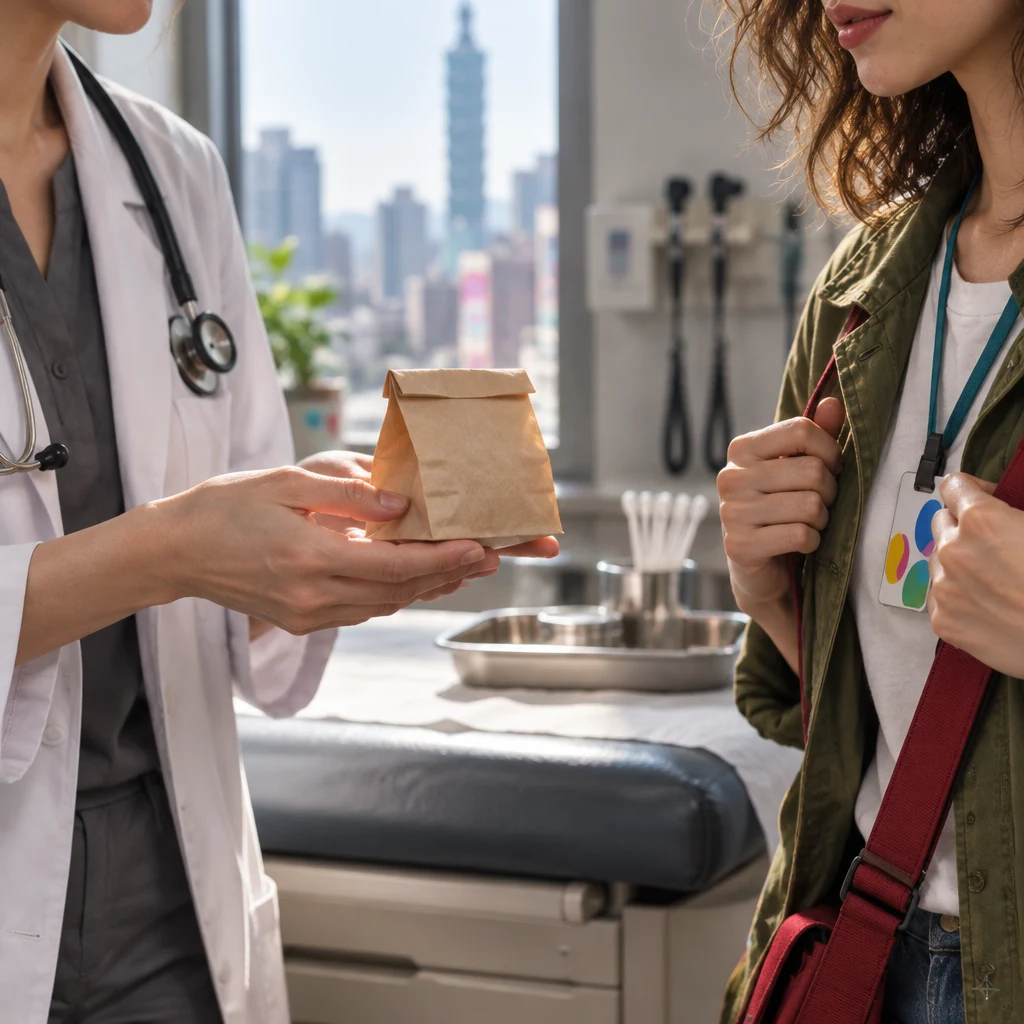 Dr. Chen holds out a small paper pouch toward Maya as she puts her backpack on at the exam table.