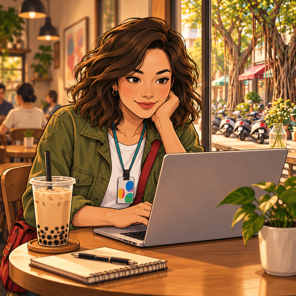 Maya works on her laptop at a café table with a drink beside her.