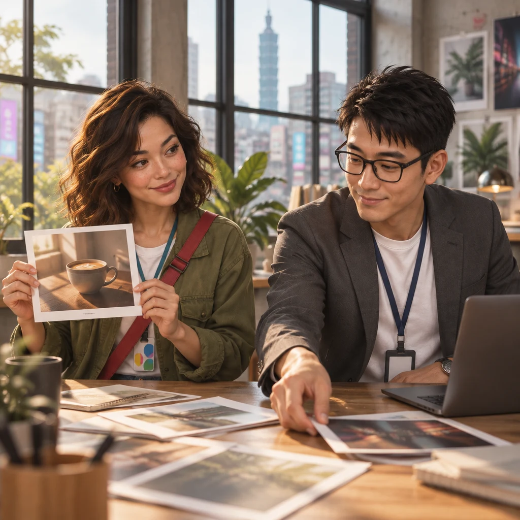 Maya holds up a coffee-cup print with both hands while Zhi-Ming reaches for another print on the table.