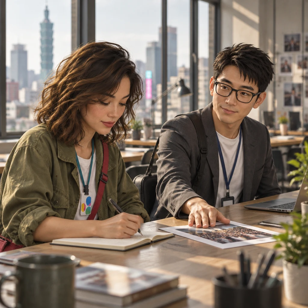 Zhi-Ming slides a crowded-screen print across the desk while Maya writes in her notebook without looking up.
