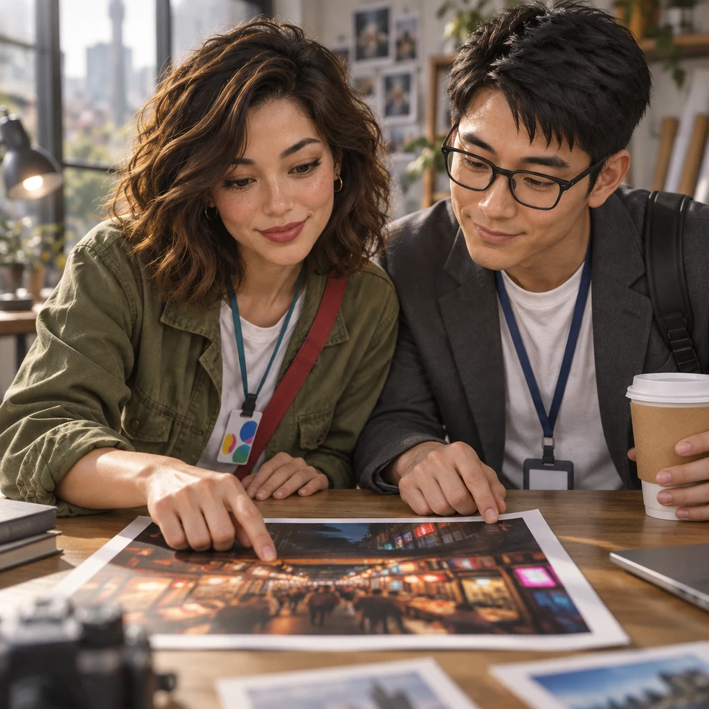 Maya taps a night-market print whose stall lights are only a glowing blur while Zhi-Ming holds a coffee cup and looks at the same print.