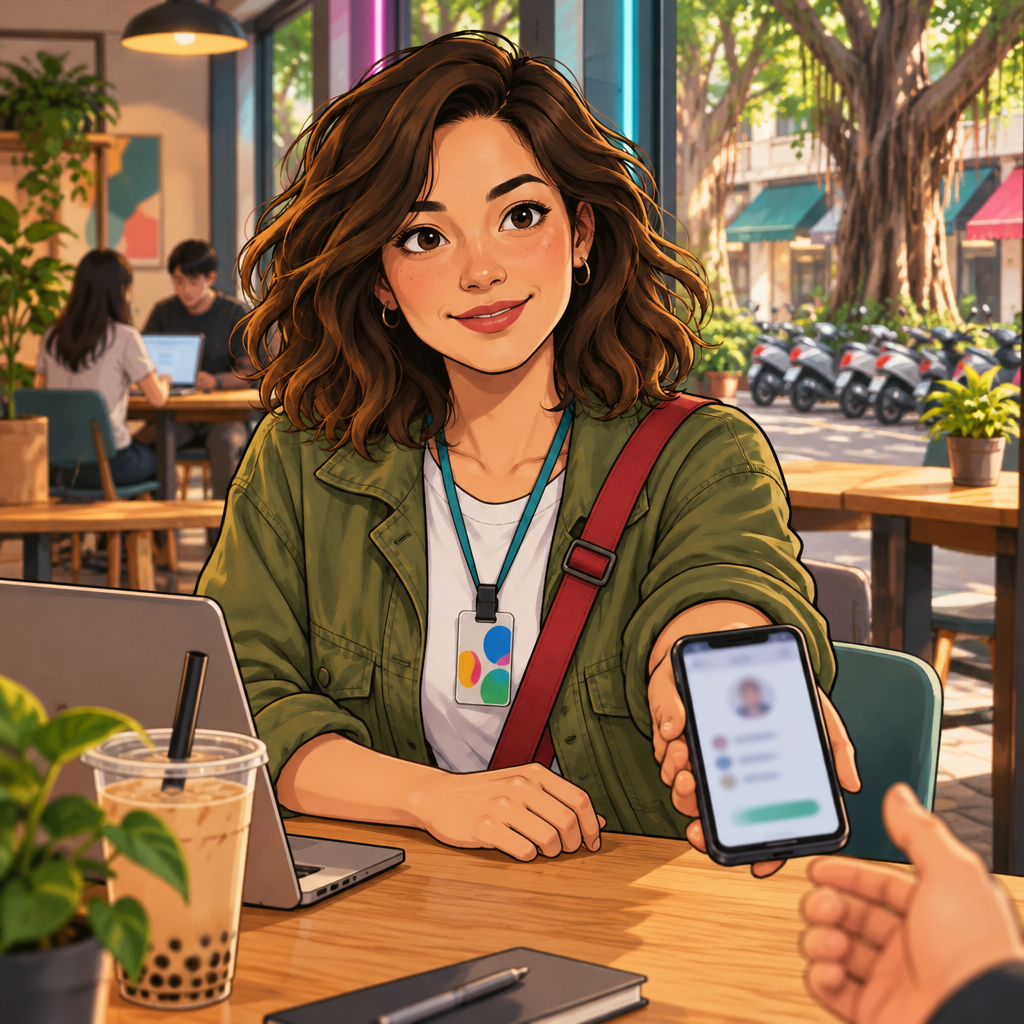 Maya offers her phone number while holding her phone across the table.