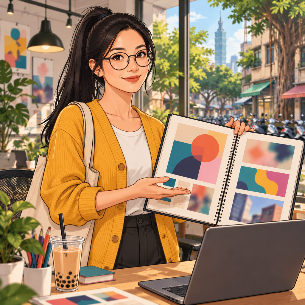 Yi-Jun confidently presents a design portfolio beside a studio workstation.