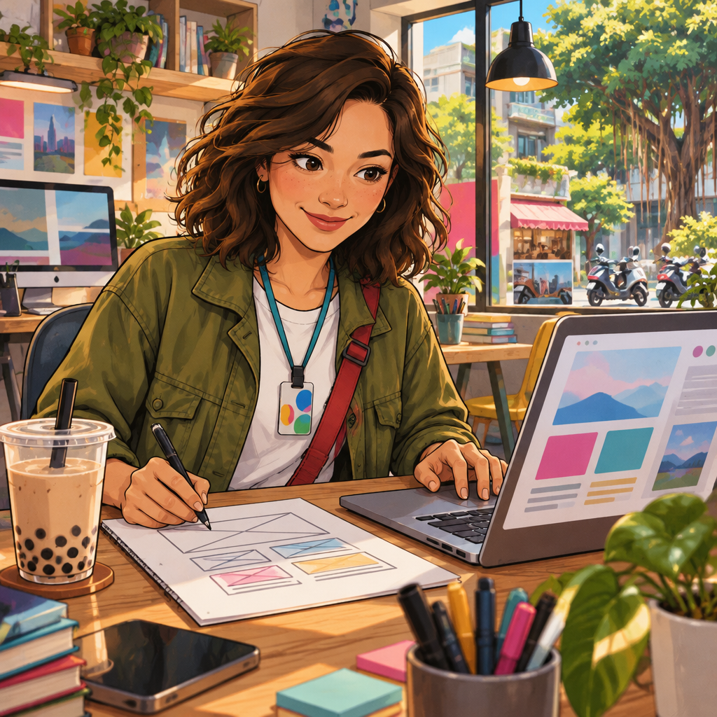 Maya works at a laptop with abstract web page layouts on the screen.