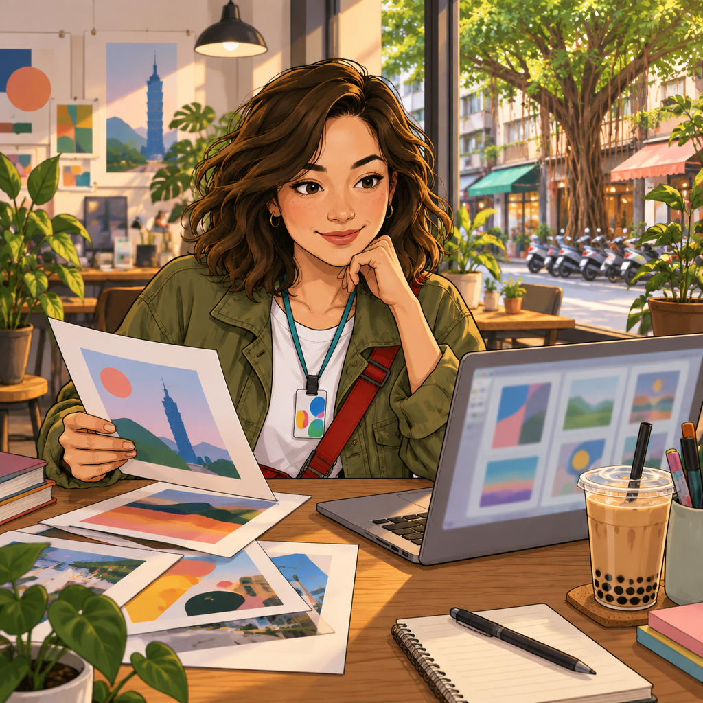 Maya reviews her portfolio and considers a possible work opportunity at the studio table.
