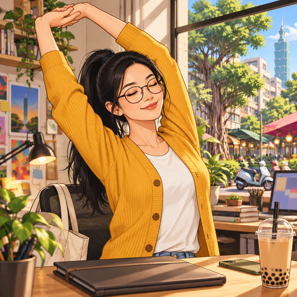 Yi-Jun takes a relaxed break from work, stretching beside the studio window with a drink nearby.