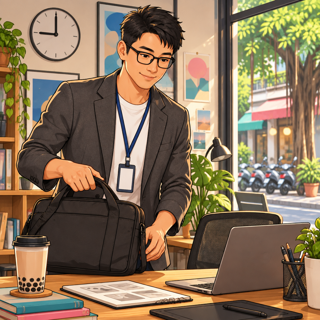 Zhi-Ming arrives at the design studio and gets ready to begin work beside a simple clock indicating nine.