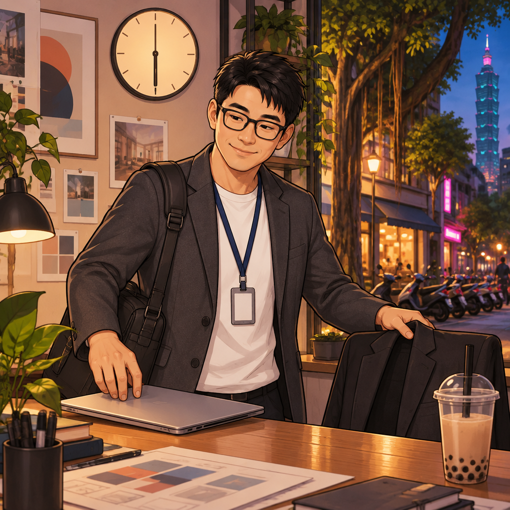 Zhi-Ming closes his laptop and gets ready to leave the studio beside a simple clock indicating six.