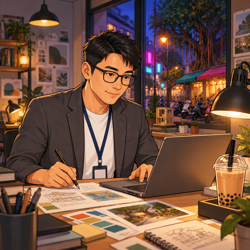 Zhi-Ming continues working alone at his desk after hours under a desk lamp.