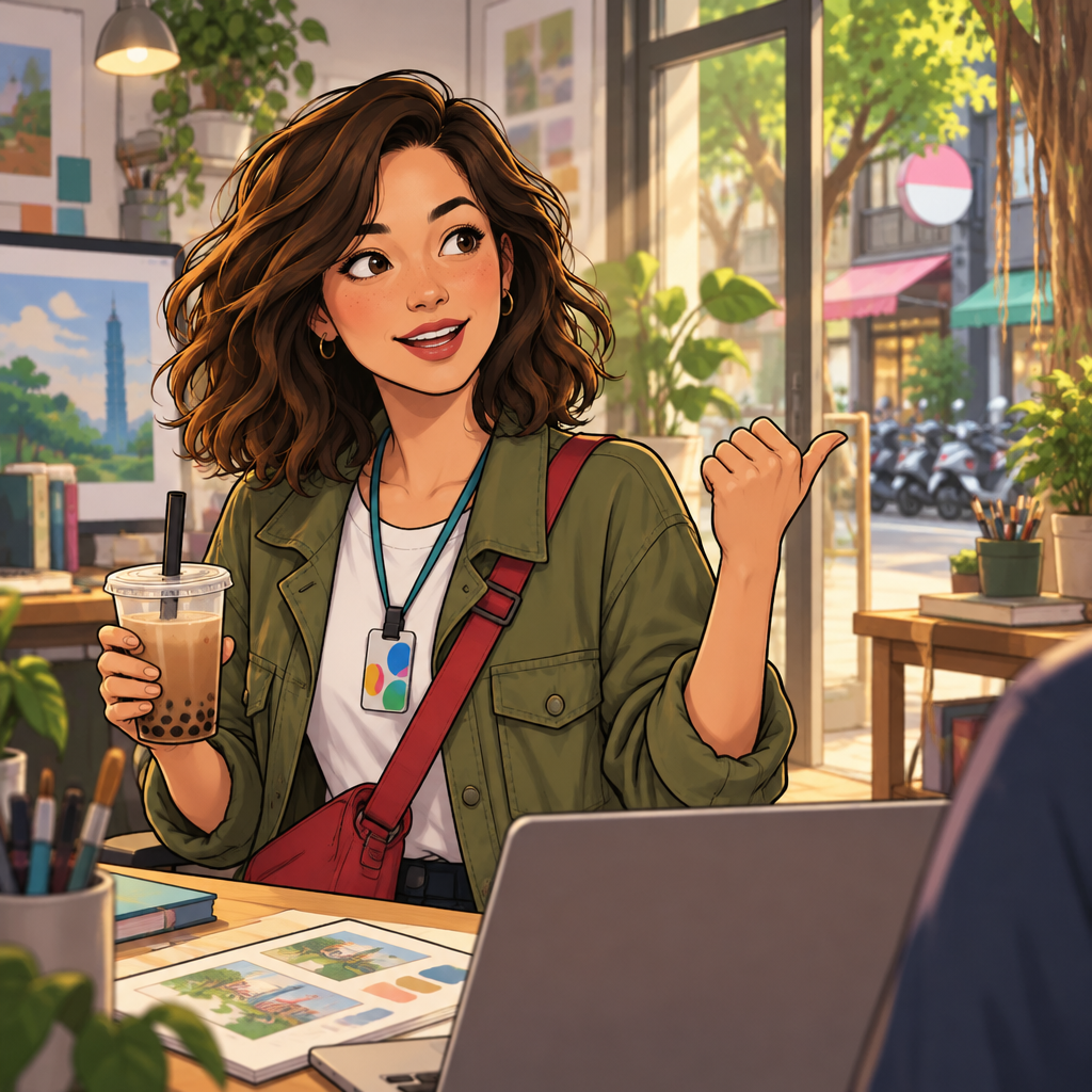 Maya leans toward a colleague with a hopeful, questioning expression and gestures toward the studio exit.
