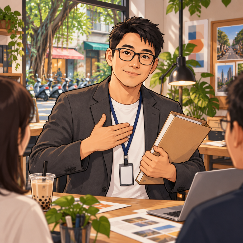 Zhi-Ming takes a project folder into his hands and confidently indicates that he will handle the task.