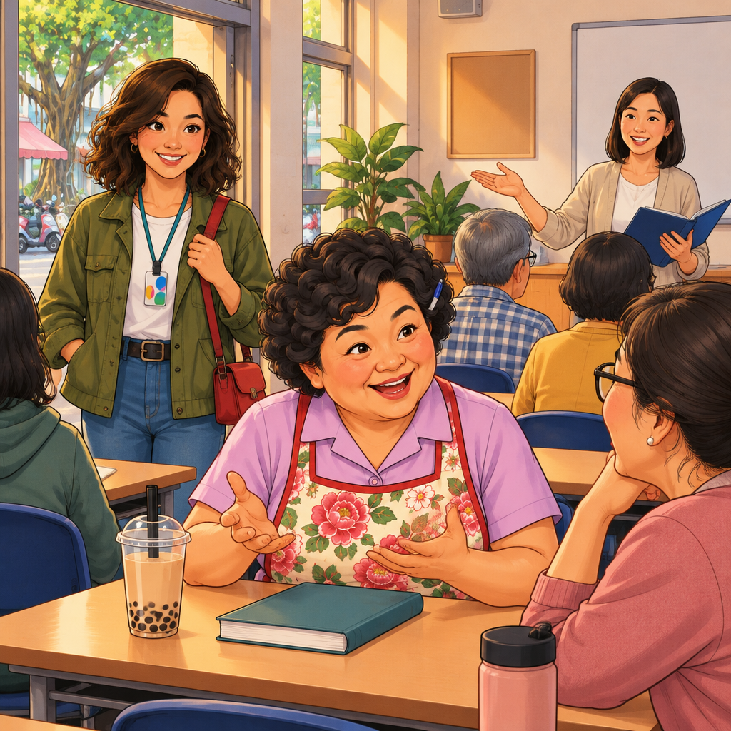 Maya arrives for Mandarin class as the teacher welcomes the students and Lin chats with classmates about university.