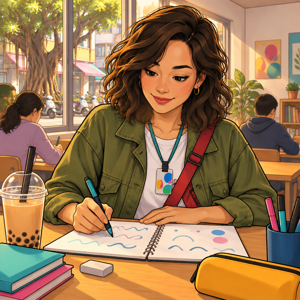 Maya practices Mandarin at her desk with an open, blank notebook.