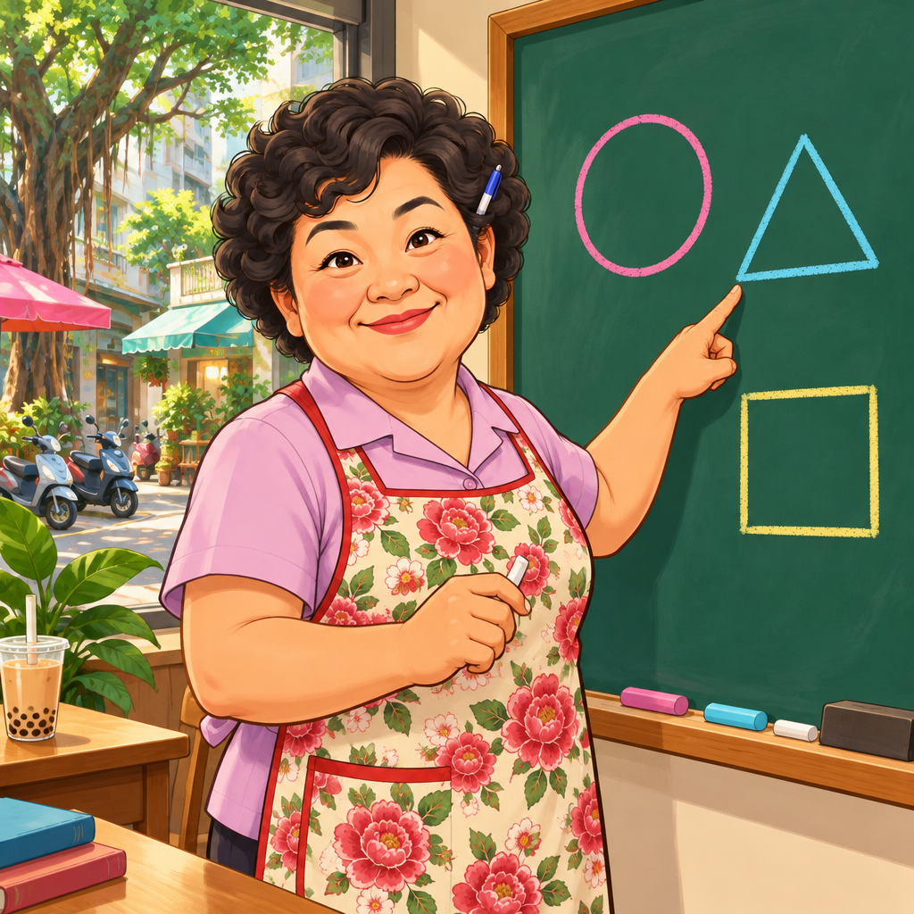 Lin points enthusiastically to simple geometric shapes on a classroom board to show a favorite school subject.