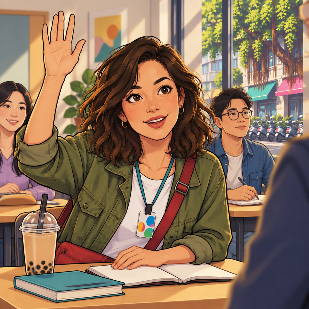 Maya raises her hand and turns toward the teacher to ask about the test.