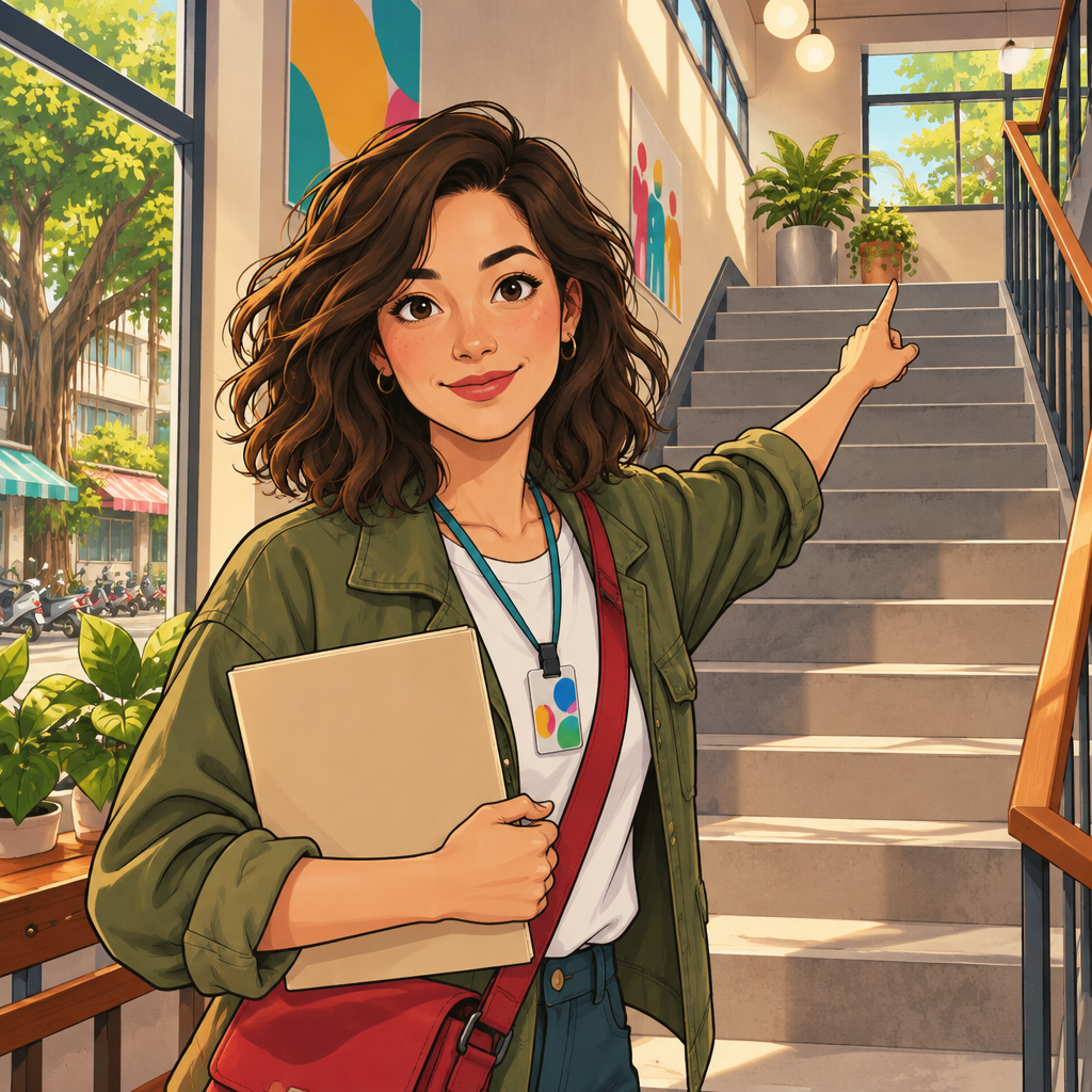 Maya stands by a stairwell with her class materials, indicating the upper floor.
