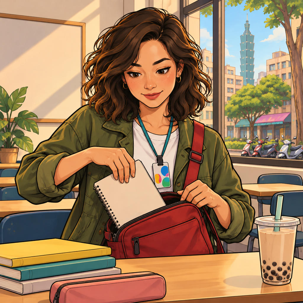 Maya packs her blank workbook into her bag, ready to take homework home.