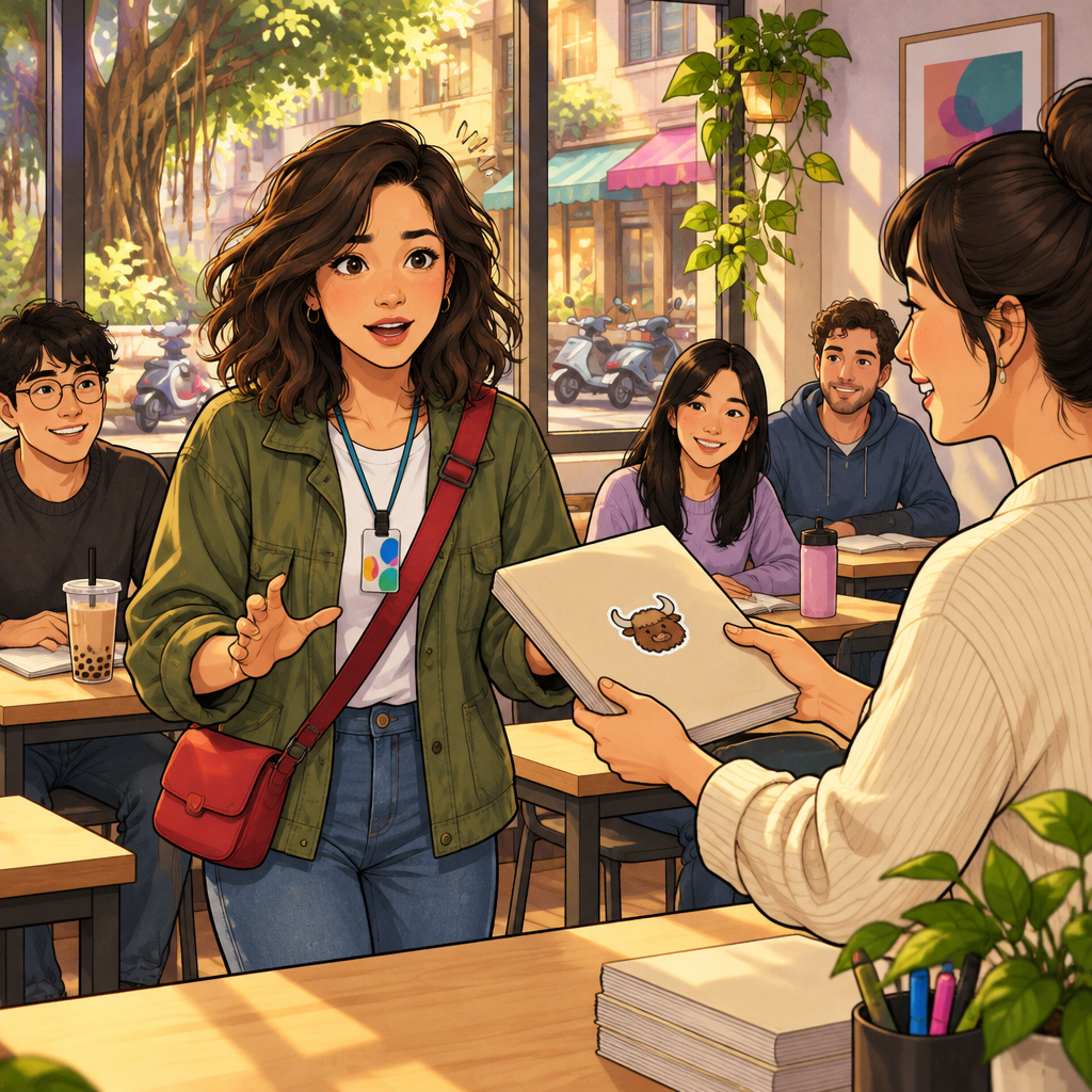 Maya arrives late at a community classroom in Da'an and realizes she left her textbook at home as the teacher lends her a copy with a small yak sticker.