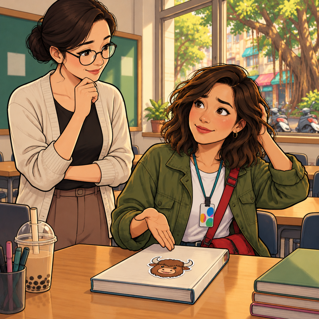 Maya explains that she left her textbook at home while the borrowed copy with a small yak sticker is on her desk.