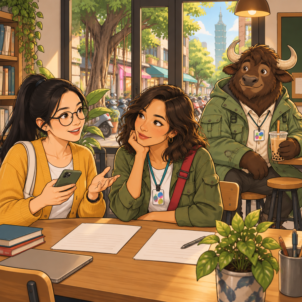 Yi-Jun asks Maya how her test went while Ali sits nearby with an unfinished drink.