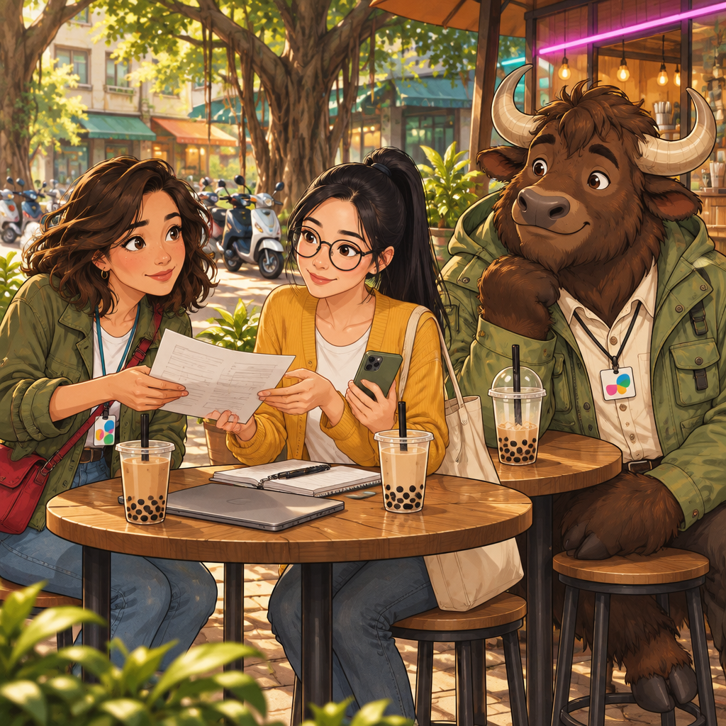 Maya asks Yi-Jun to check her work while Ali stays nearby with his unfinished drink.