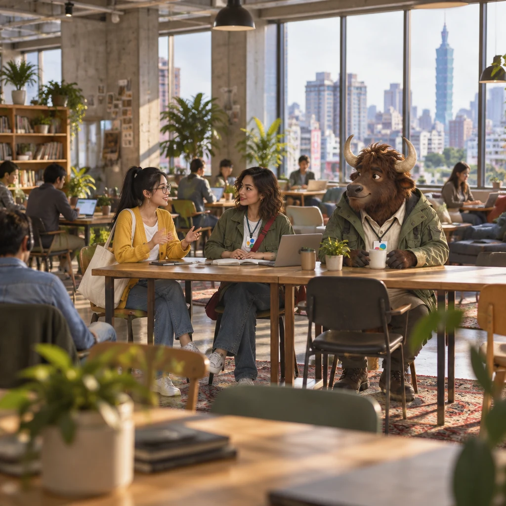 Yi-Jun tells Maya about her Japan trip at a co-working table while A-Li sits nearby with unfinished soy milk.