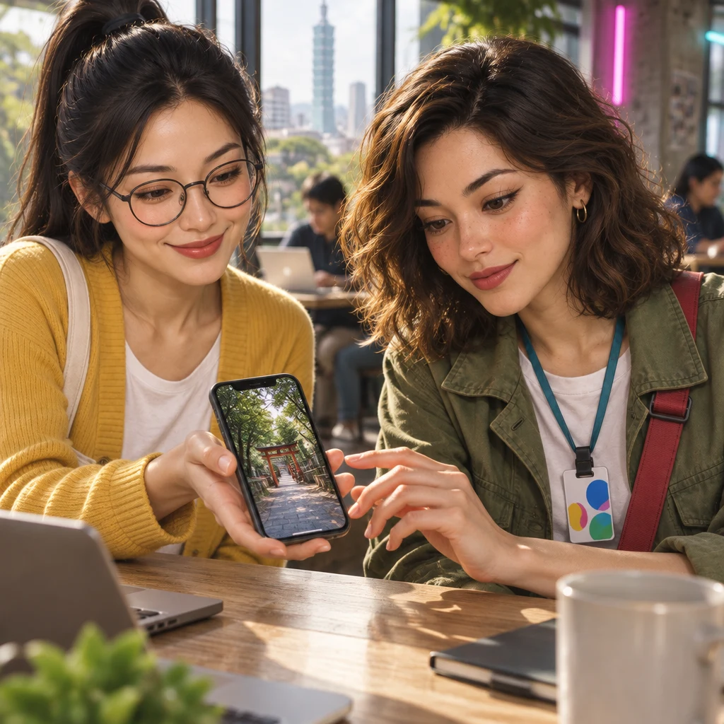 Yi-Jun holds out a phone with a travel picture while telling Maya she went to Japan last year.