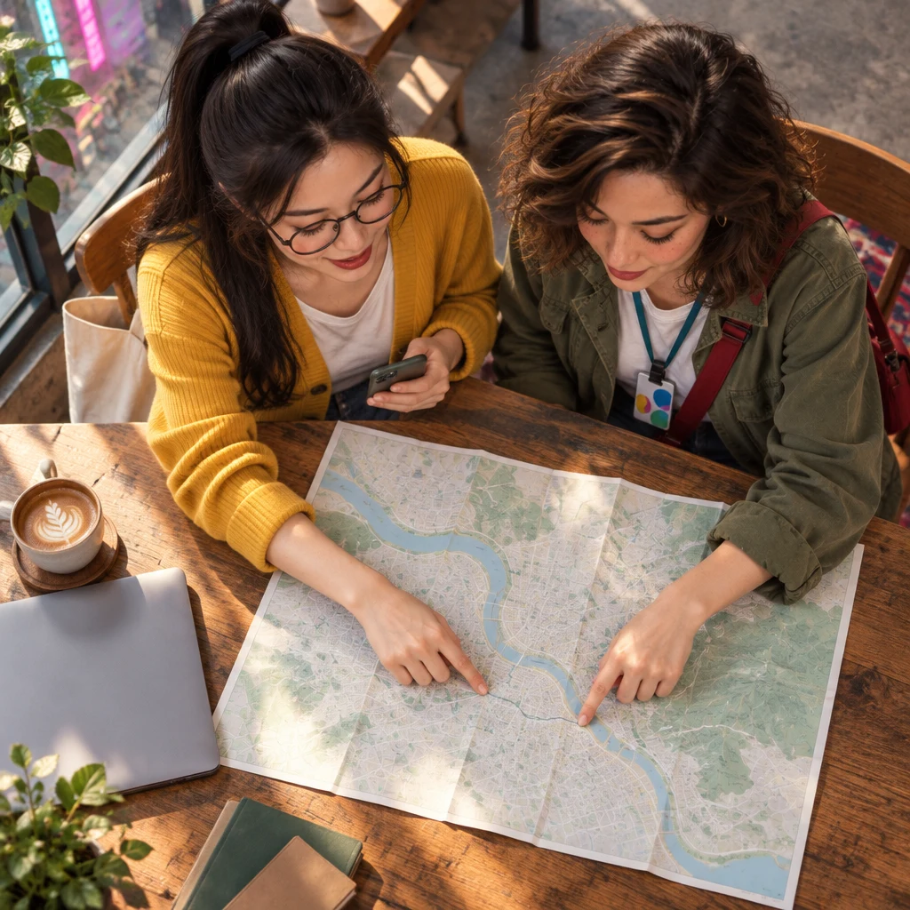 Yi-Jun traces a walking route across a blank map for Maya while describing how she spent most of the time walking.