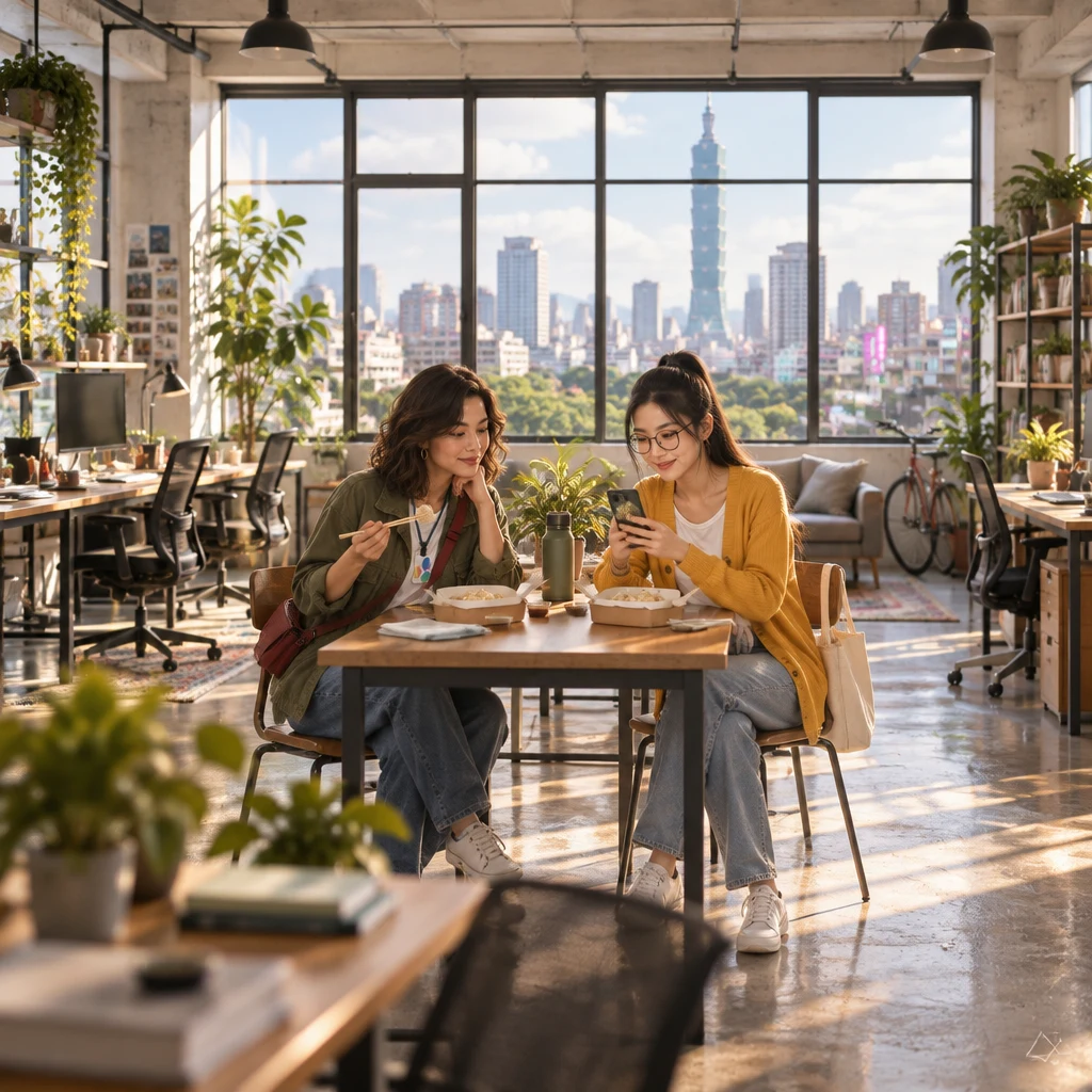 Maya and Yi-Jun sit by a sunny Da'an coworking window with open dumpling lunch boxes while Yi-Jun angles a phone whose screen shows only a soft image of dumplings.