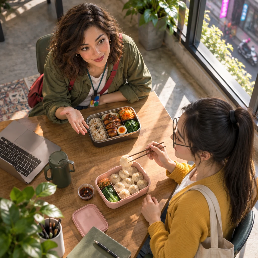 Maya leans forward with an open palm toward Yi-Jun, who picks up a dumpling across the table.